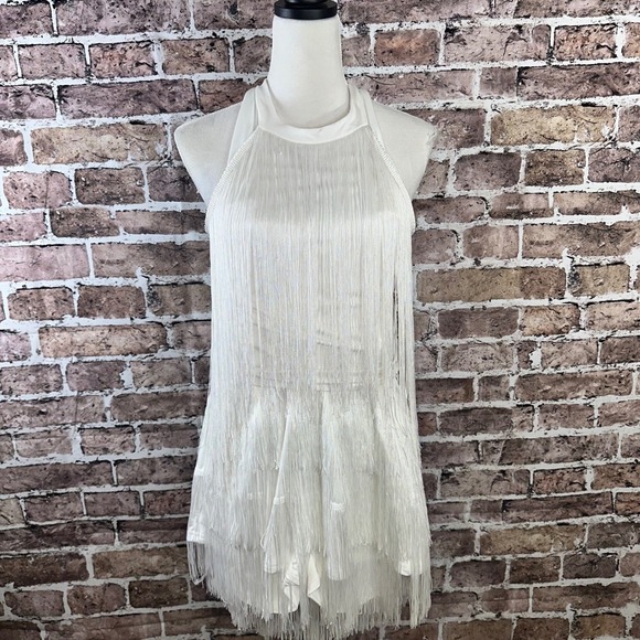 White Fringe Halter Romper Sleeveless Party Cocktail Club Dance Flapper Size L - Picture 1 of 16
